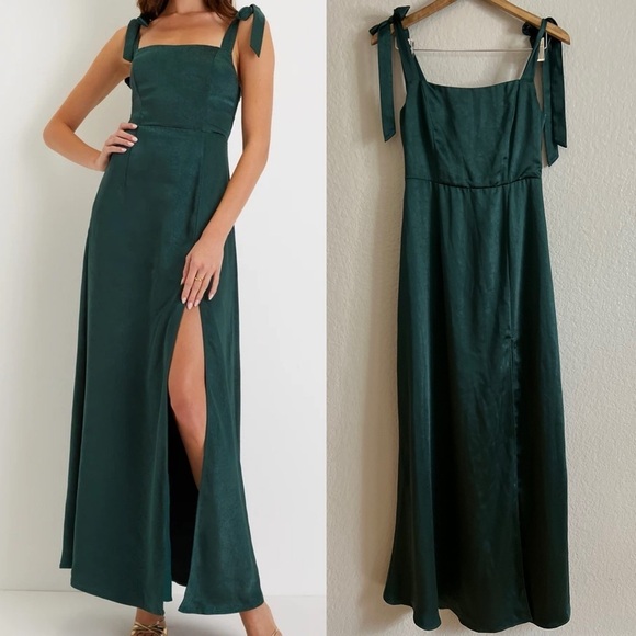 NWOT Made to Be Adored Hunter Green Satin Tie-Strap Maxi Dress - Picture 1 of 8